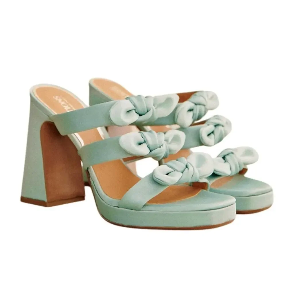 Sezane Knotted Aqua Green Satin Clarisse Mules Size 6